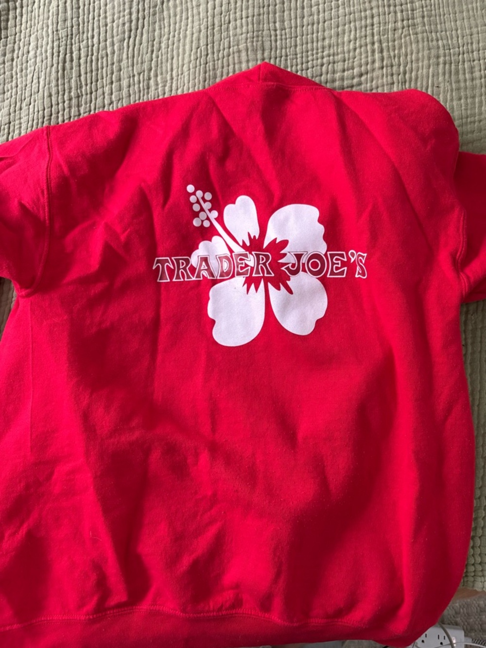 Trader Joe's Women's Red Zip-Up Hoodie with White Hibiscus Logo - Picture 5 of 5